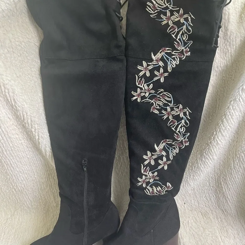 Qupid fabric suede black over the knee  heel boots floral embroidery accent SZ9